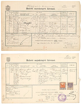 Abbildung 12 zeigt die Sterbematrikelauszüge aus Sárvár (Ungarn), 20. Oktober 1921, ungarisch und deutsch, Staatsarchiv München, AG Prien NR 1921/80 (Foto: Bayerisches Hauptstaatsarchiv).