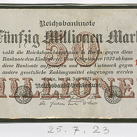 Pressebild zum März-Vortrag:Notgeldschein 50 Millionen Mark, 25. Juli 1923, Bayerisches Hauptstaatsarchiv, Sammlung Varia 1658/5 (Foto: Bayerisches Hauptstaatsarchiv) [JPG-Datei].