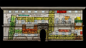 Projektion von ARchivalien auf die Fassade des Staatsarchivs München