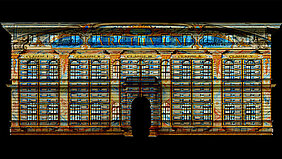 Projektion von Archivalien auf die Fassade des Staatsarchivs München