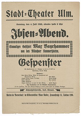 Bild 1: Theaterzettel zum Gastspiel von Max Bayrhammer mit „Gespenster“ von Henrik Ibsen im Stadt-Theater Ulm, 4. Juli 1920 (Foto: Bayerisches Hauptstaatsarchiv, Familienarchiv Bayrhammer)