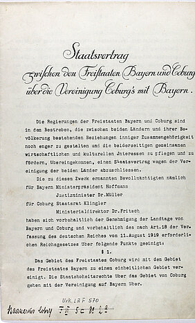 Bild 2: Staatsvertrag zwischen Bayern und Coburg zur Vereinigung der beiden Freistaaten, 14. Februar 1920 (erste Seite) (Staatsarchiv Coburg, Urk. LA F 570).