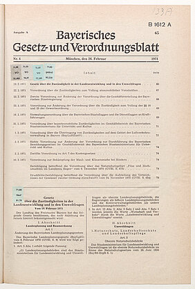 Bild 2: Zuständigkeiten des neuen bayerischen Umweltministeriums, Bayerisches Gesetz und Verordnungsblatt vom 28.2.1971, Bayerisches Hauptstaatsarchiv, Amtsbibliothek GeZ 5.1/6-1971. Foto: Bayerisches Hauptstaatsarchiv.
