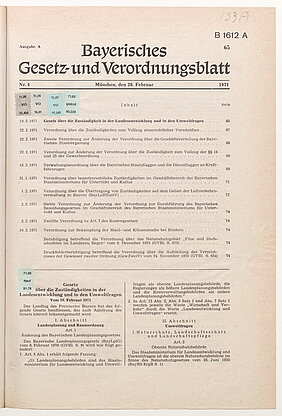 Bild 2: Zuständigkeiten des neuen bayerischen Umweltministeriums, Bayerisches Gesetz und Verordnungsblatt vom 28.2.1971, Bayerisches Hauptstaatsarchiv, Amtsbibliothek GeZ 5.1/6-1971. Foto: Bayerisches Hauptstaatsarchiv.