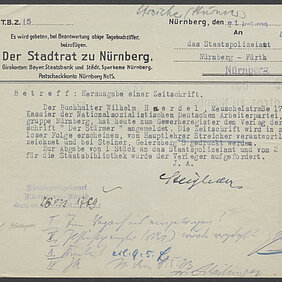 Pressebild zum April-Vortrag: Der Stadtrat zu Nürnberg zeigt dem Staatspolizeiamt Nürnberg-Fürth das Erscheinen des "Stürmer" an [JPG-Datei].