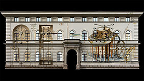 Projektion von Archivalien auf die Fassade des Staatsarchivs München
