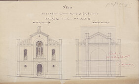 Bild zeigt: Baupläne der Synagoge von Mellrichstadt, 1879/1880, Staatsarchiv Würzburg, Bezirksamt / LRA Mellrichstadt 627 (Foto: Staatliche Archive Bayerns).