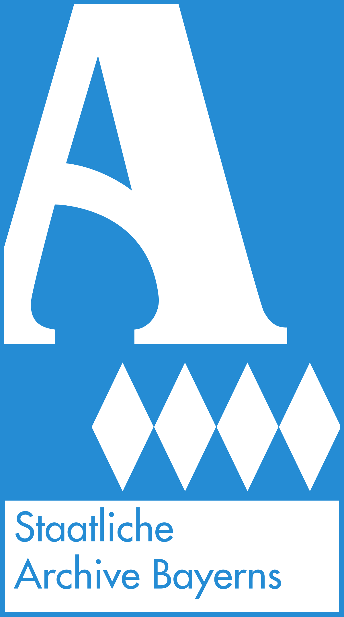 Das Logo zeigt ein großes weißes A für Archive über vier weißen Rauten auf hellblauem Hintergrund. Darunter steht Staatliche Archive Bayerns.