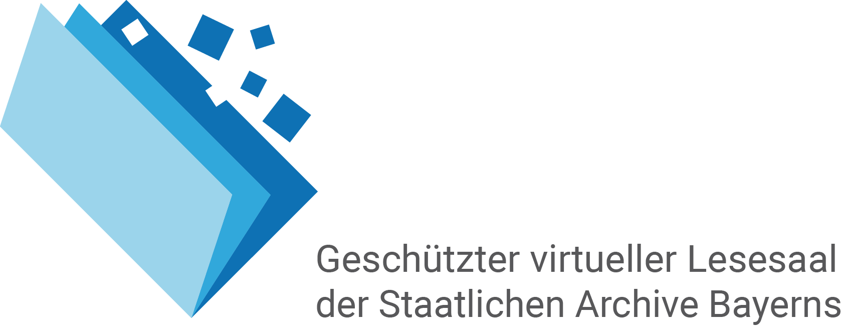 Das Logo zeigt einen hellblauen Akt, der sich in einzelne Pixel digital auflöst. Daneben steht Geschützter virtueller Lesesaal der Staatlichen Archive Bayerns.