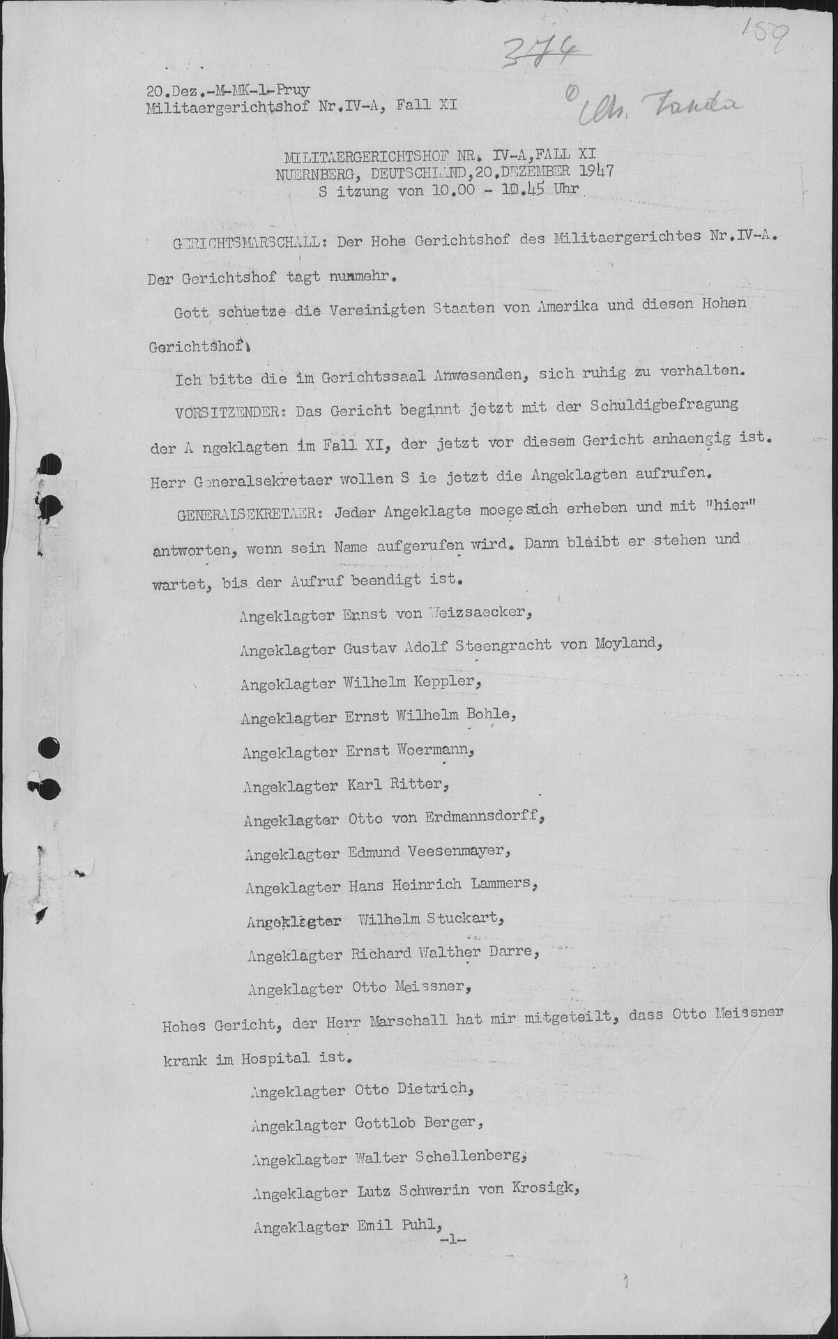 Stenographic transcript, December 20, 1947, pp. 1–15, Nuremberg State Archives, Nuremberg Trials, KV Trials, Case 11 (= Weizsäcker Trial) A 1.